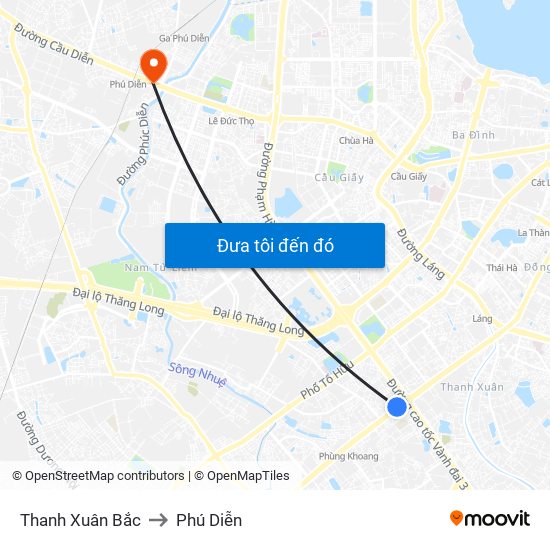 Thanh Xuân Bắc to Phú Diễn map