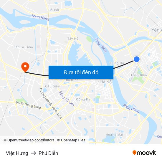 Việt Hưng to Phú Diễn map