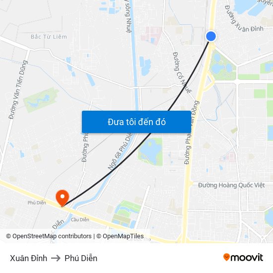 Xuân Đỉnh to Phú Diễn map