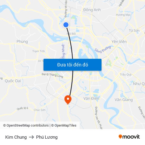 Kim Chung to Phú Lương map