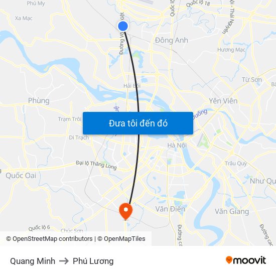 Quang Minh to Phú Lương map