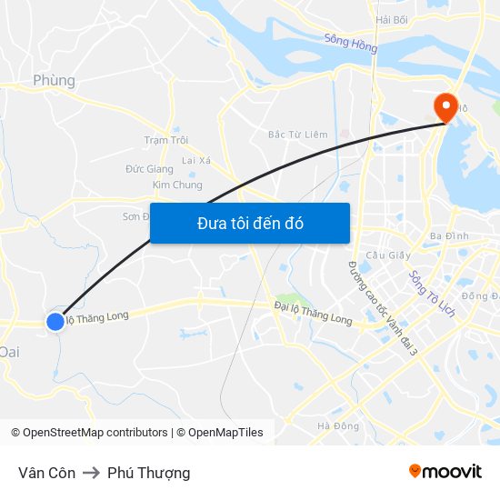 Vân Côn to Phú Thượng map