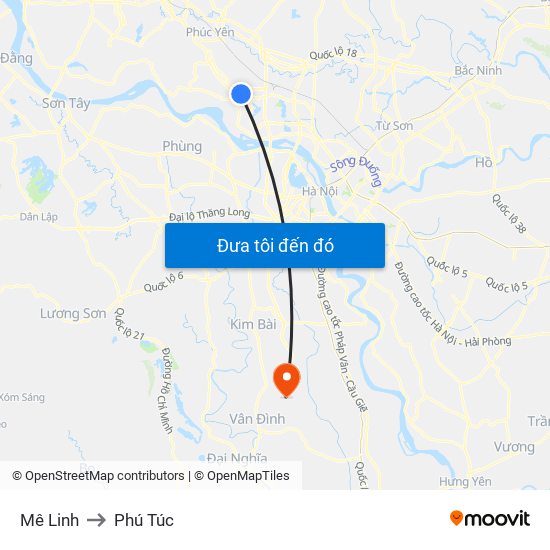 Mê Linh to Phú Túc map