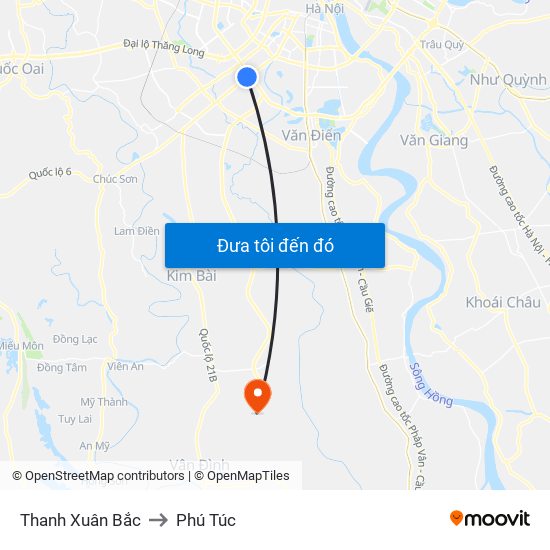 Thanh Xuân Bắc to Phú Túc map