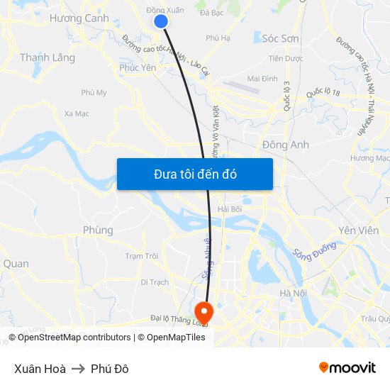 Xuân Hoà to Phú Đô map