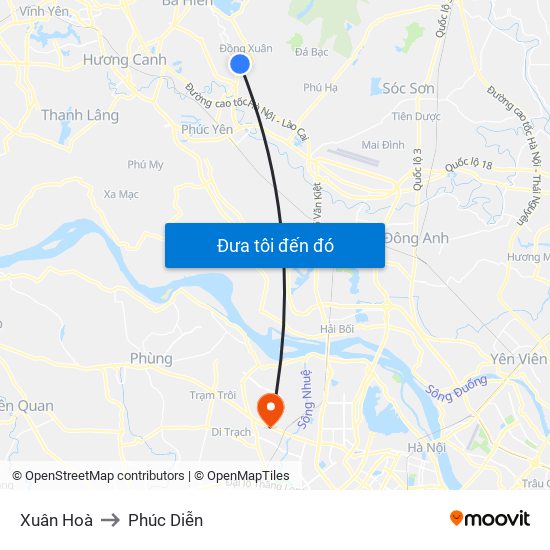 Xuân Hoà to Phúc Diễn map