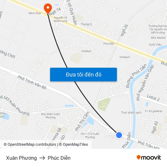 Xuân Phương to Phúc Diễn map