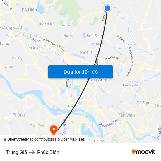 Trung Giã to Phúc Diễn map