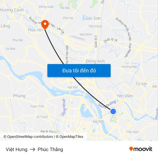 Việt Hưng to Phúc Thắng map