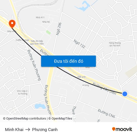 Minh Khai to Phương Canh map
