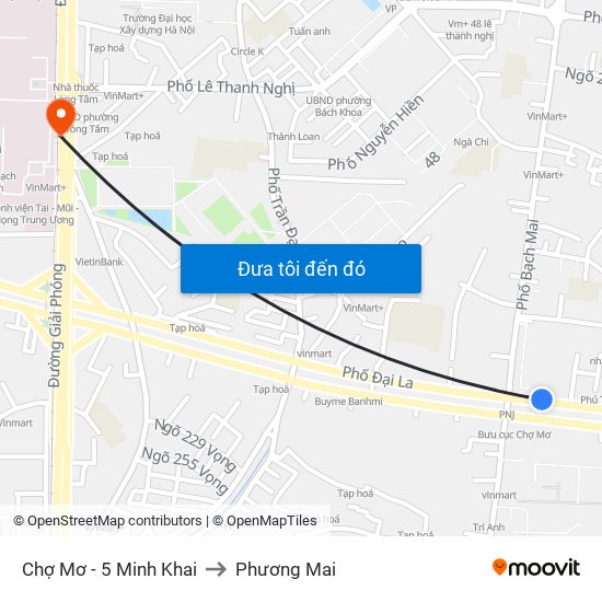Chợ Mơ - 5 Minh Khai to Phương Mai map