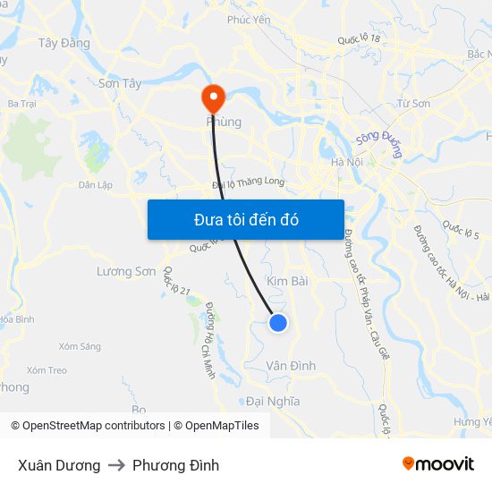 Xuân Dương to Phương Đình map