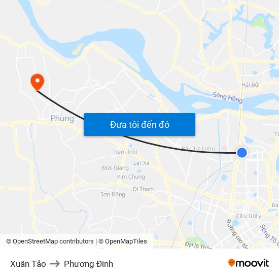 Xuân Tảo to Phương Đình map