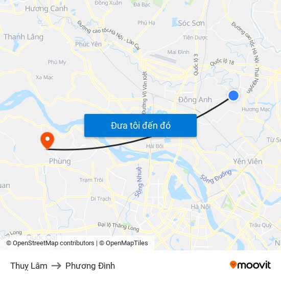 Thuỵ Lâm to Phương Đình map