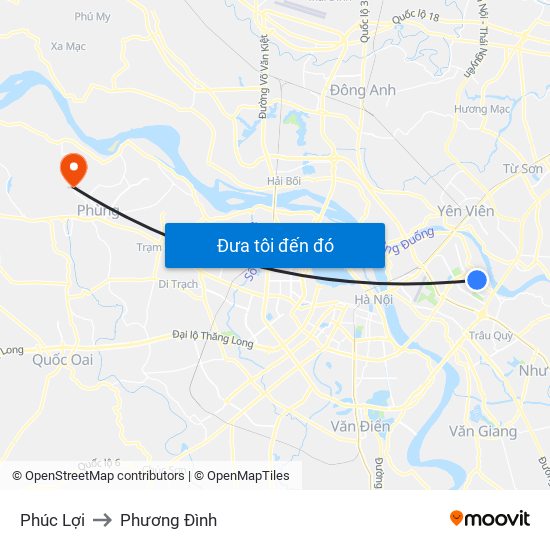 Phúc Lợi to Phương Đình map