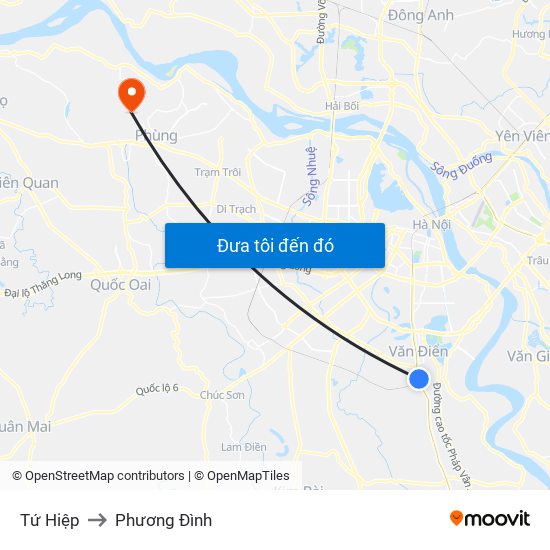 Tứ Hiệp to Phương Đình map