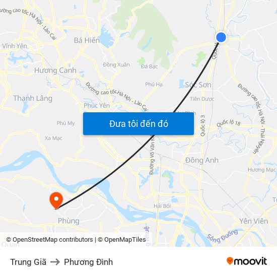 Trung Giã to Phương Đình map