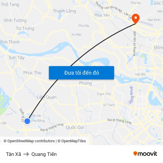 Tân Xã to Quang Tiến map