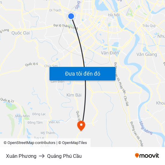 Xuân Phương to Quảng Phú Cầu map