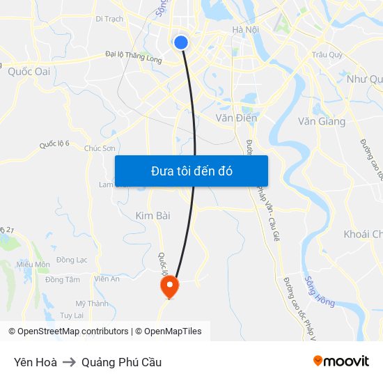 Yên Hoà to Quảng Phú Cầu map
