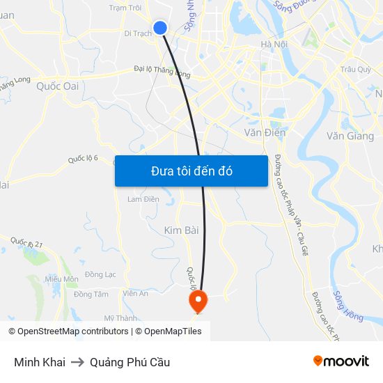 Minh Khai to Quảng Phú Cầu map