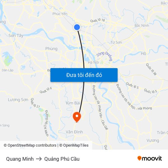 Quang Minh to Quảng Phú Cầu map