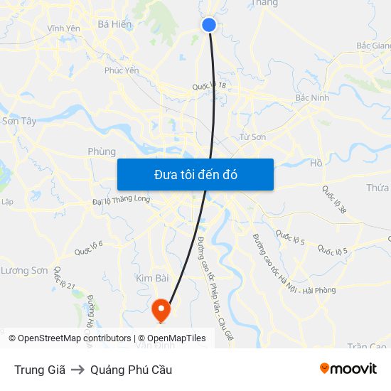 Trung Giã to Quảng Phú Cầu map