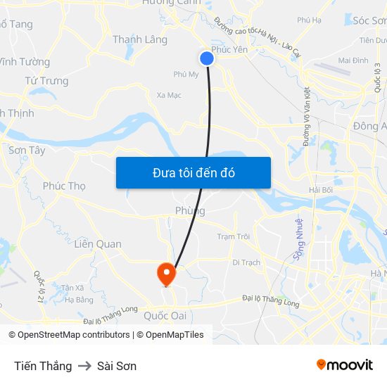 Tiến Thắng to Sài Sơn map