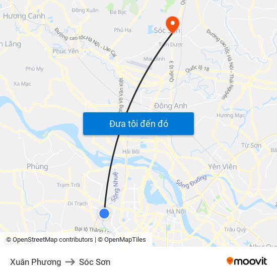 Xuân Phương to Sóc Sơn map