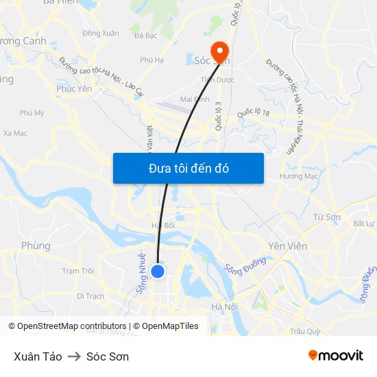 Xuân Tảo to Sóc Sơn map