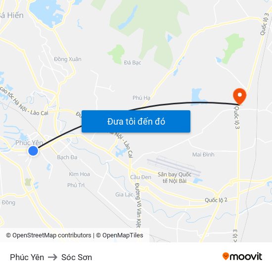 Phúc Yên to Sóc Sơn map