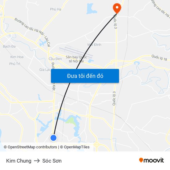 Kim Chung to Sóc Sơn map