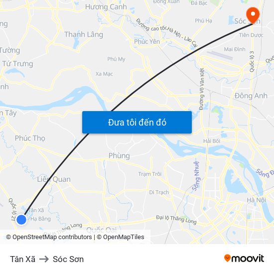 Tân Xã to Sóc Sơn map