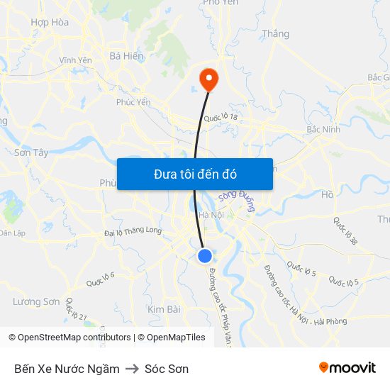 Bến Xe Nước Ngầm to Sóc Sơn map