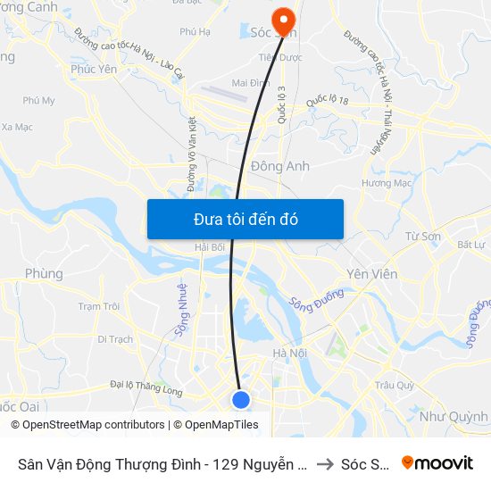 Sân Vận Động Thượng Đình - 129 Nguyễn Trãi to Sóc Sơn map