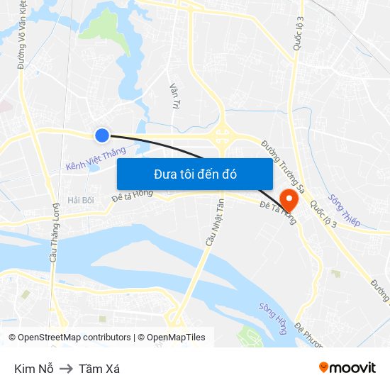 Kim Nỗ to Tầm Xá map
