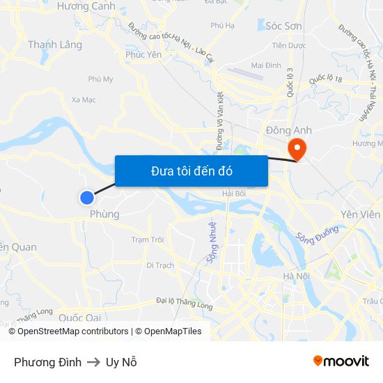 Phương Đình to Uy Nỗ map