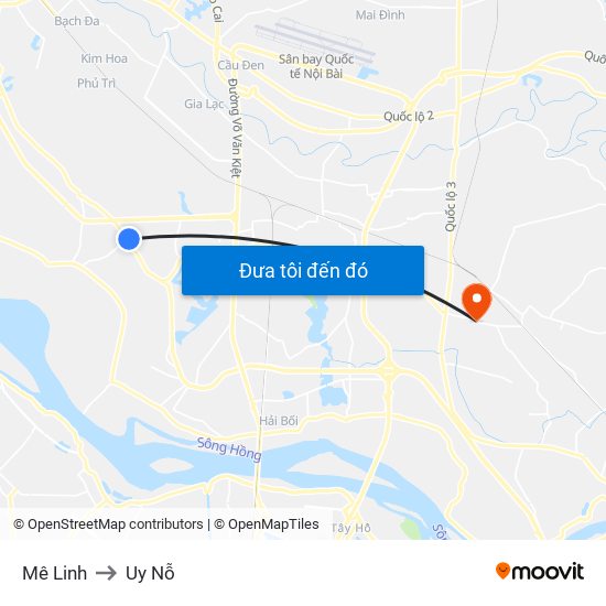 Mê Linh to Uy Nỗ map