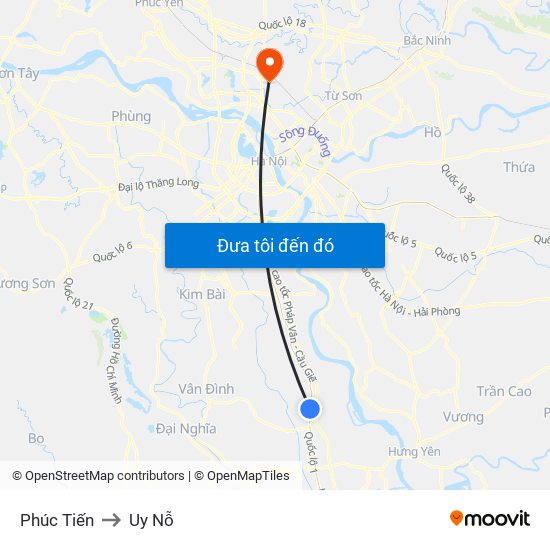 Phúc Tiến to Uy Nỗ map