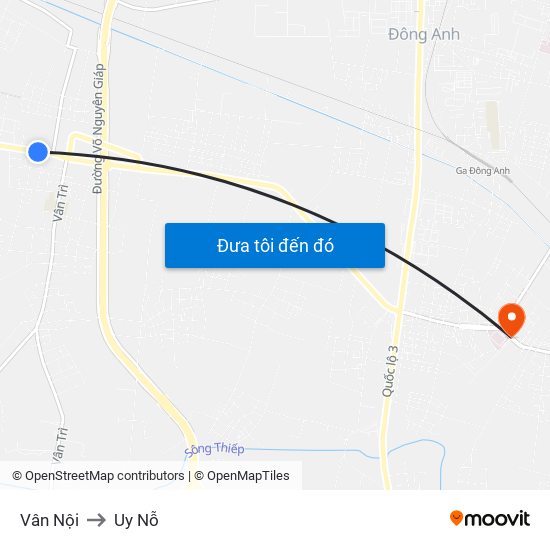 Vân Nội to Uy Nỗ map