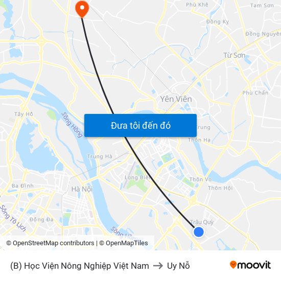 (B) Học Viện Nông Nghiệp Việt Nam to Uy Nỗ map