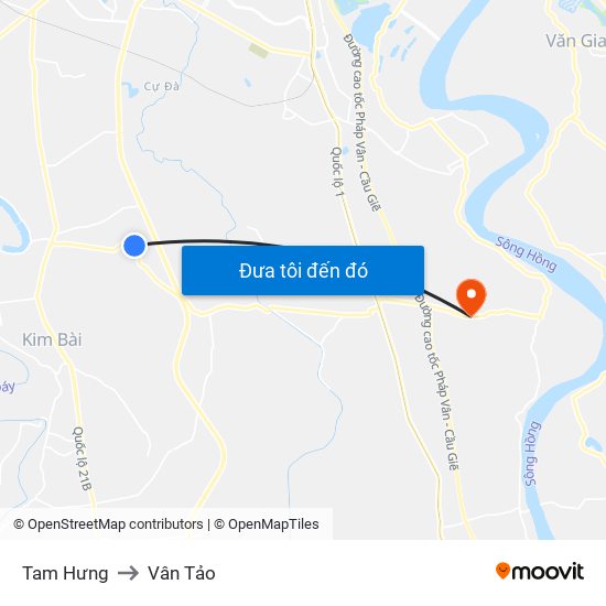 Tam Hưng to Vân Tảo map