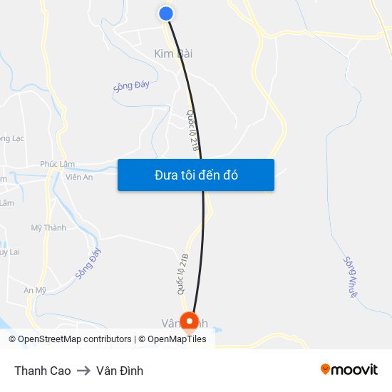Thanh Cao to Vân Đình map