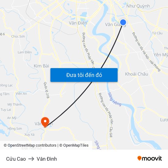 Cửu Cao to Vân Đình map