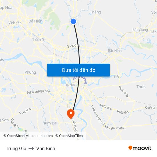 Trung Giã to Văn Bình map
