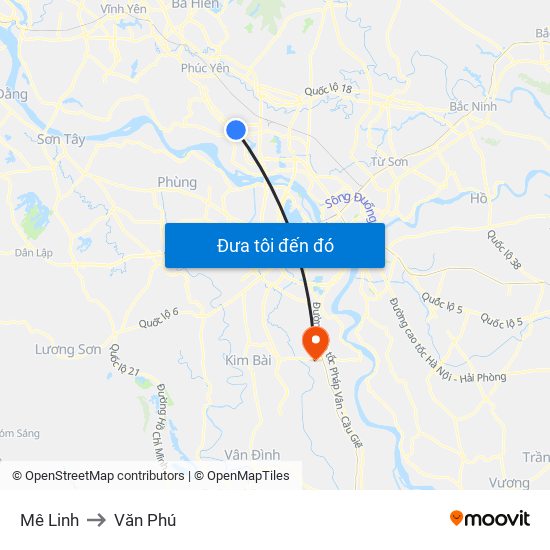 Mê Linh to Văn Phú map