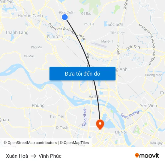 Xuân Hoà to Vĩnh Phúc map