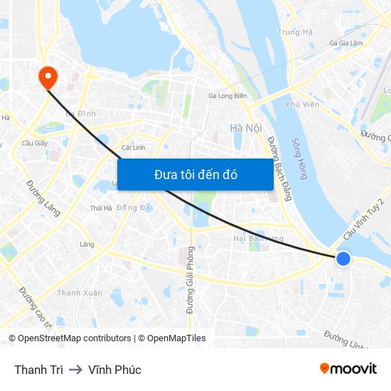 Thanh Trì to Vĩnh Phúc map