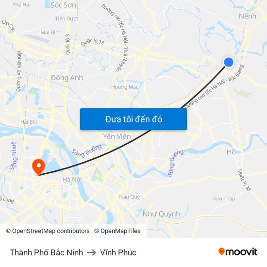 Thành Phố Bắc Ninh to Vĩnh Phúc map