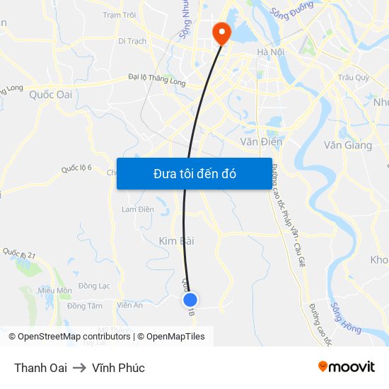 Thanh Oai to Vĩnh Phúc map